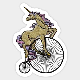 Golden Sparkly Unicorn on Penny Farthing Velocipede Sticker